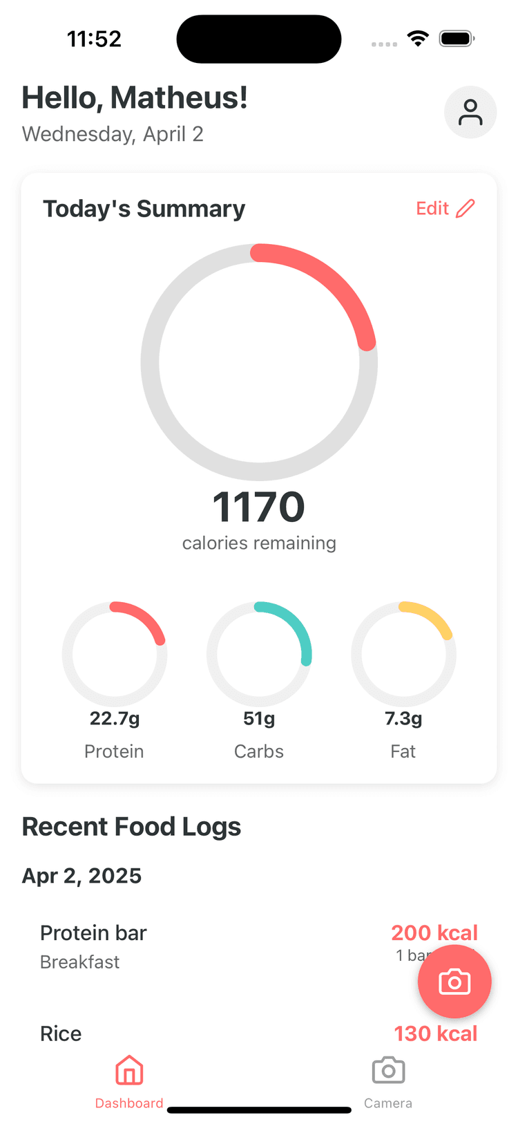 CalorieTracker App interface